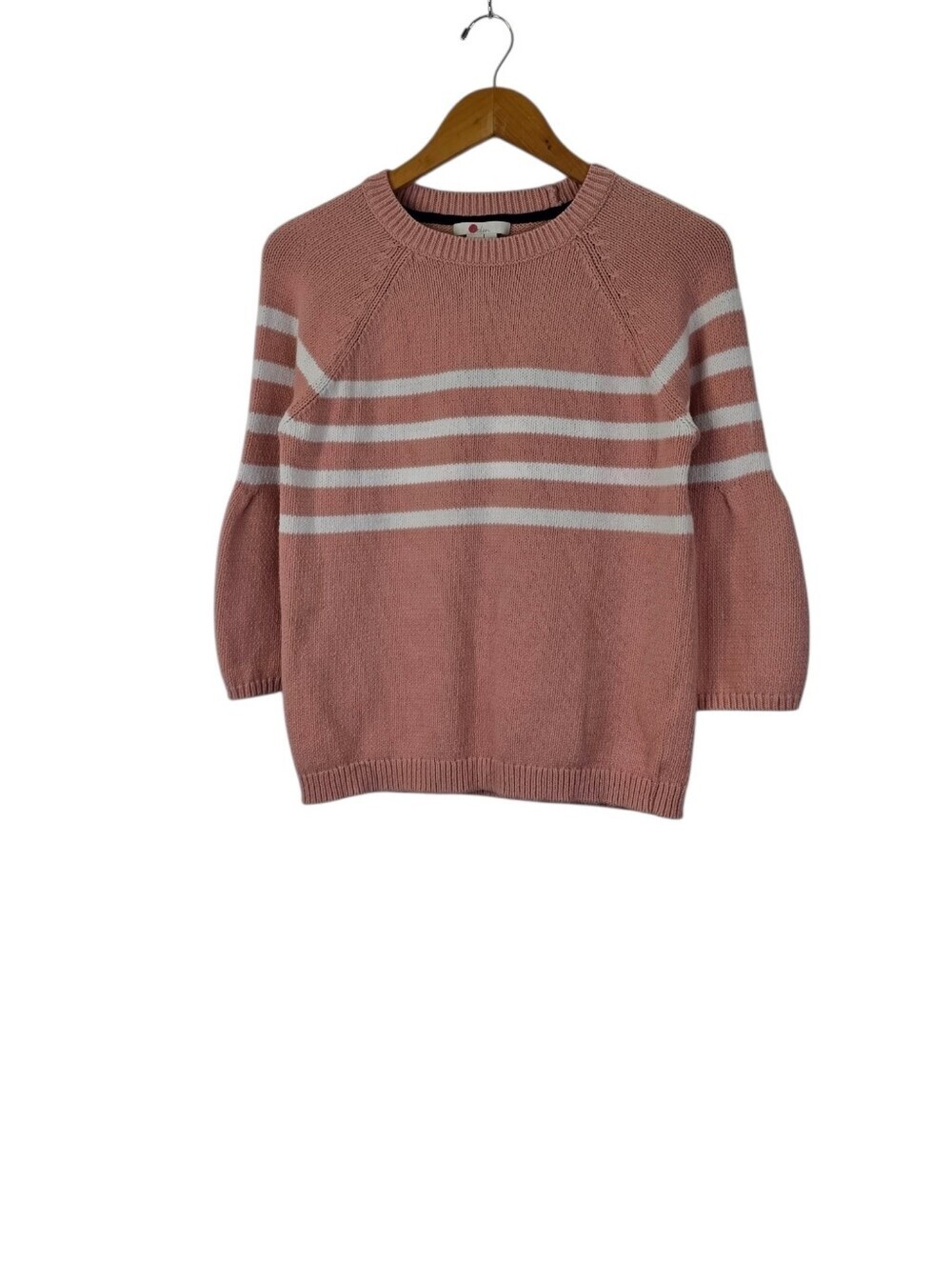 Boden‎ Women's Medium Arianna Pink Striped Cotton Blend Bell 3/4 Sleeve Sweater